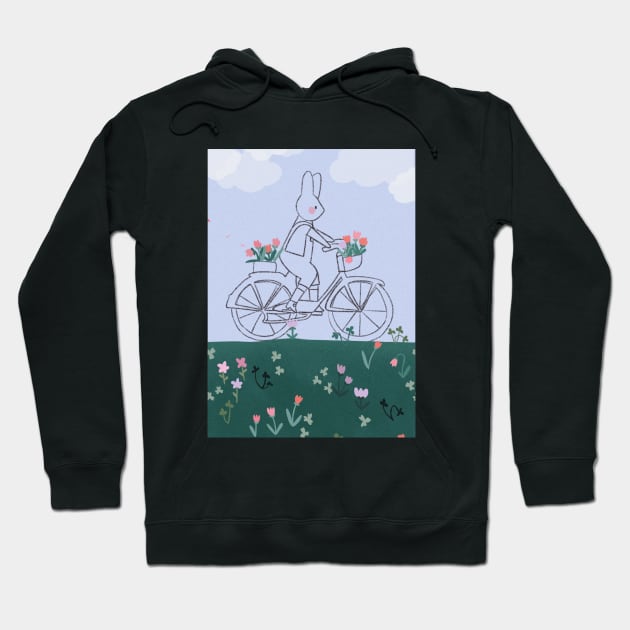 Bunny Cycling in a Flower Field Hoodie by Cati Daehnhardt